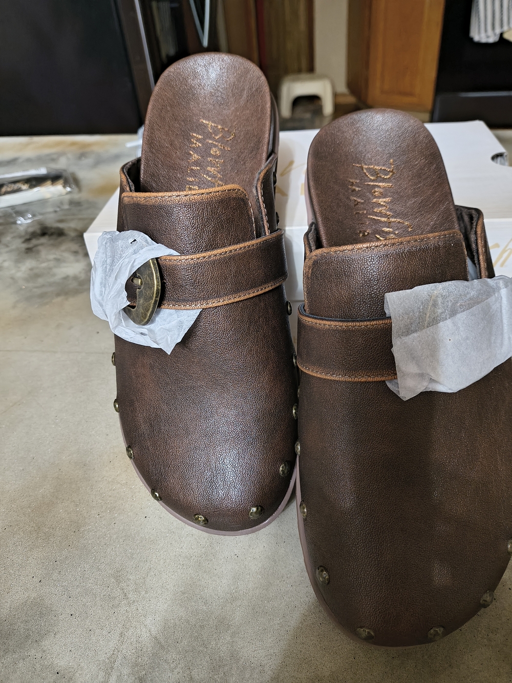 Blowfish Brown Leather Slip-On Clogs with Stud Accents
